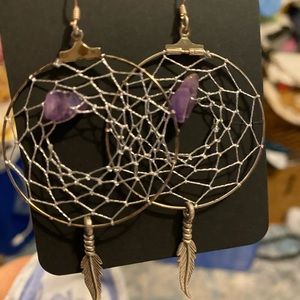 Sterling silver dreamcatcher earrings with amethyst stone and feather dangle.